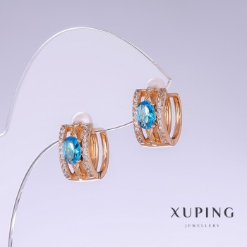 Earrings Xuping with Blue Zircon "Topaz", length 13mm, thickness 7mm 18k plating
