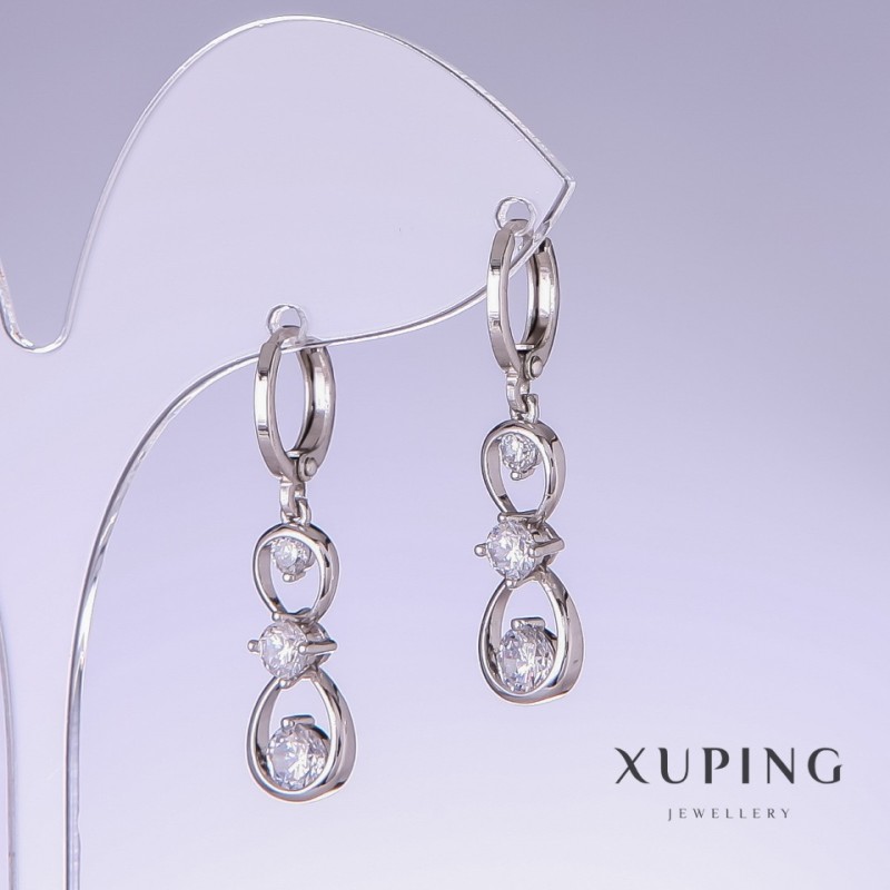 Xuping earrings with white zircon, length 32mm, thickness 9mm rhodium