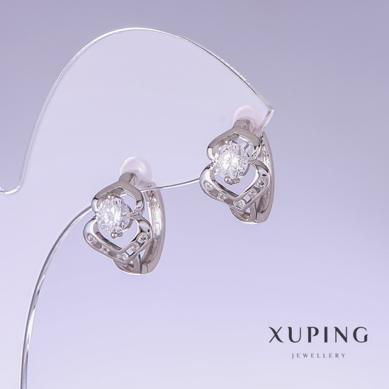 Xuping Earrings with White CZ, length 15mm, thickness 10mm - Rhodium