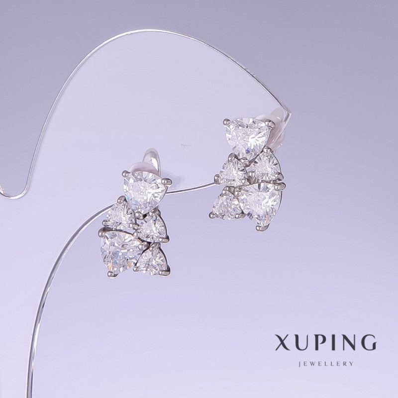Xuping Earrings with White Cz, 15mm length, 10mm thickness, Rhodium plated