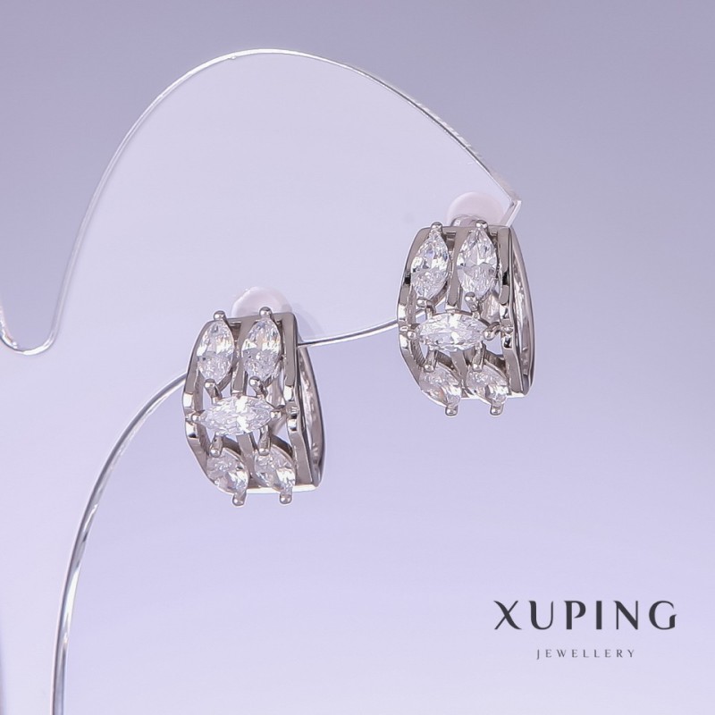Xuping Earrings with White Zirconia, 15mm length, 10mm thickness, Rhodium-plated