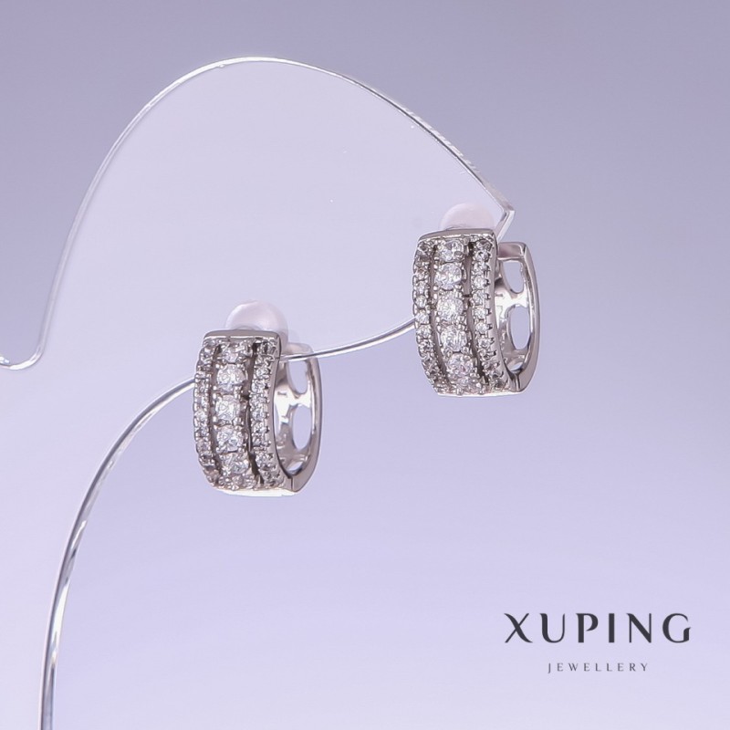 Earrings Xuping with White Crystals, length 14mm, thickness 6mm Rhodium