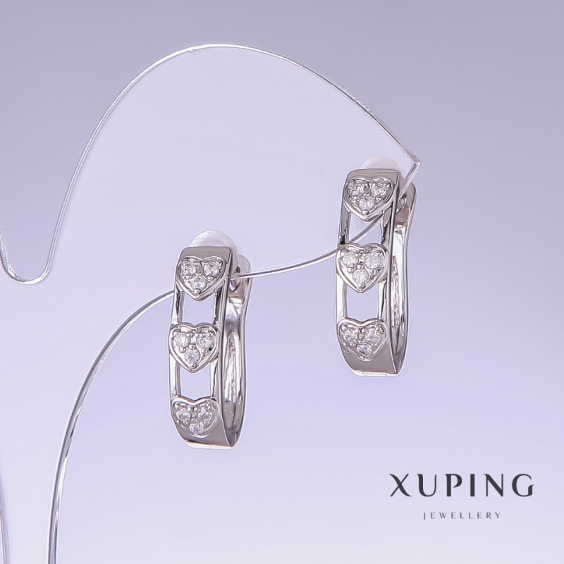 Earrings Xuping with white CZs, length 20mm, thickness 5mm rhodium plating