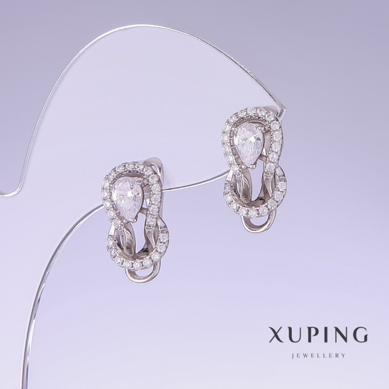 Xuping Earrings with White Zircon, 17mm length, 9mm width, rhodium