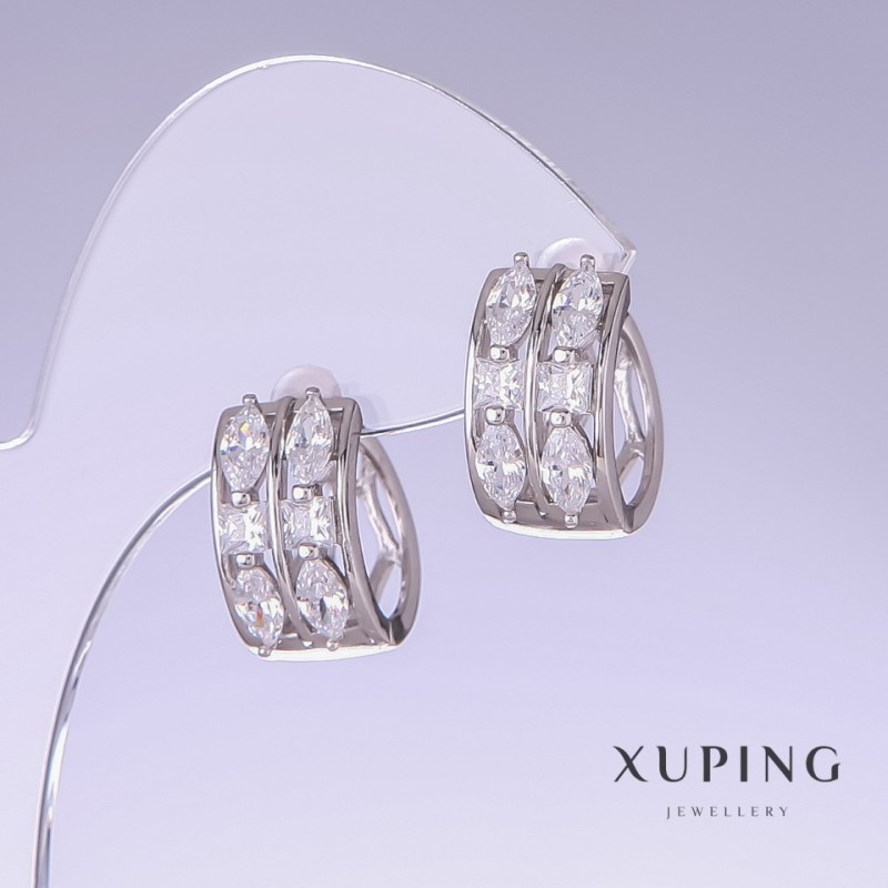 Xuping Earrings with White Cubic Zirconia, length 15mm, thickness 9mm rhodium-plated