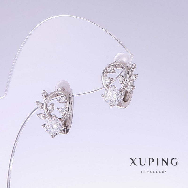 Xuping Earrings with White Zirconia, length 14mm, thickness 10mm Rhodium-plated