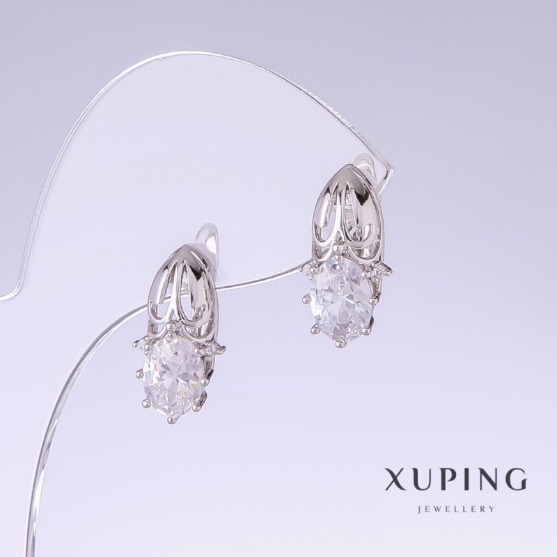 Xuping Earrings with White Zircon, length 17mm, thickness 9mm Rhodium