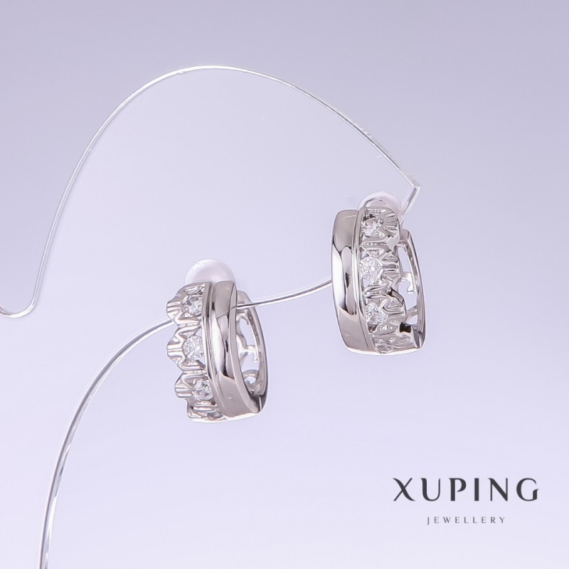Xuping Earrings with White Rhinestones, 14mm length, 7mm thickness, Rhodium-plated