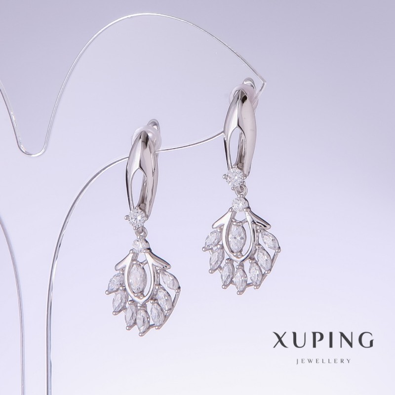 Xuping Earrings with White Zirconia, 35mm Length, 14mm Thickness, Rhodium Plated