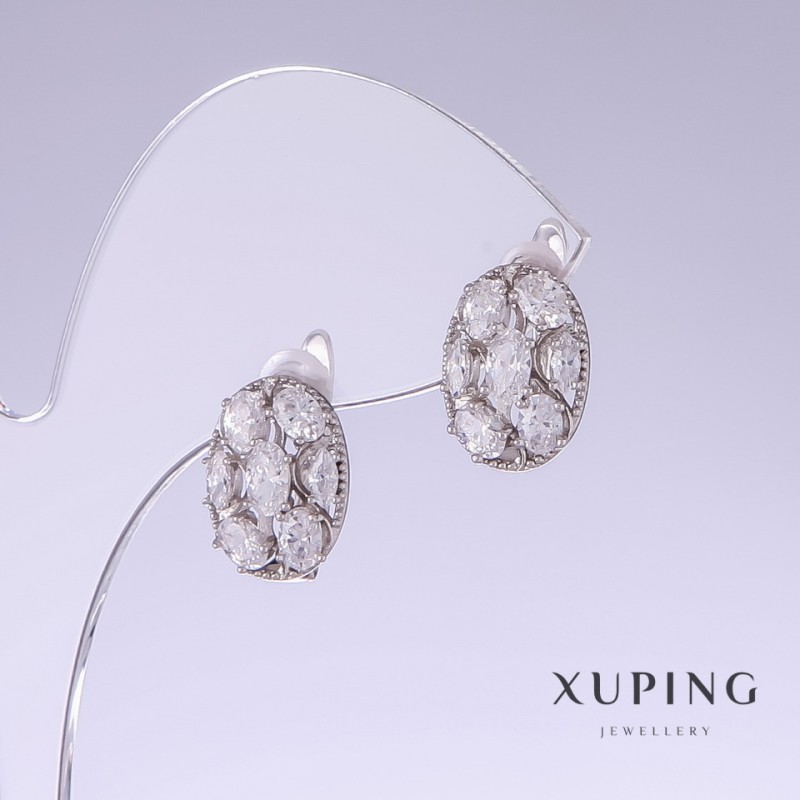 Earrings Xuping with White CZ, length 14mm, thickness 10mm Rhodium