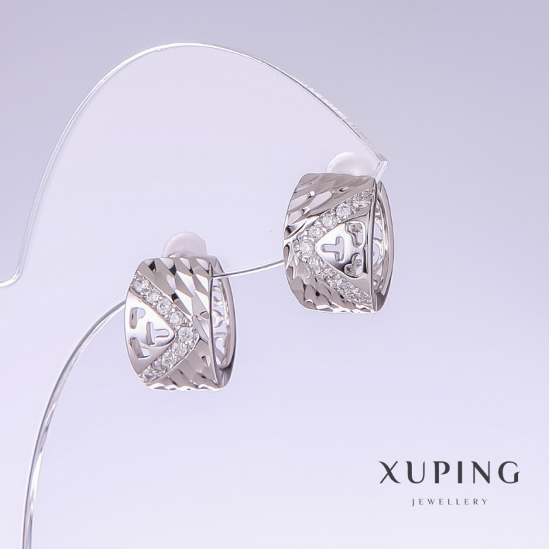 Xuping Earrings with White Cz, length 15mm, thickness 9mm Rhodium plated