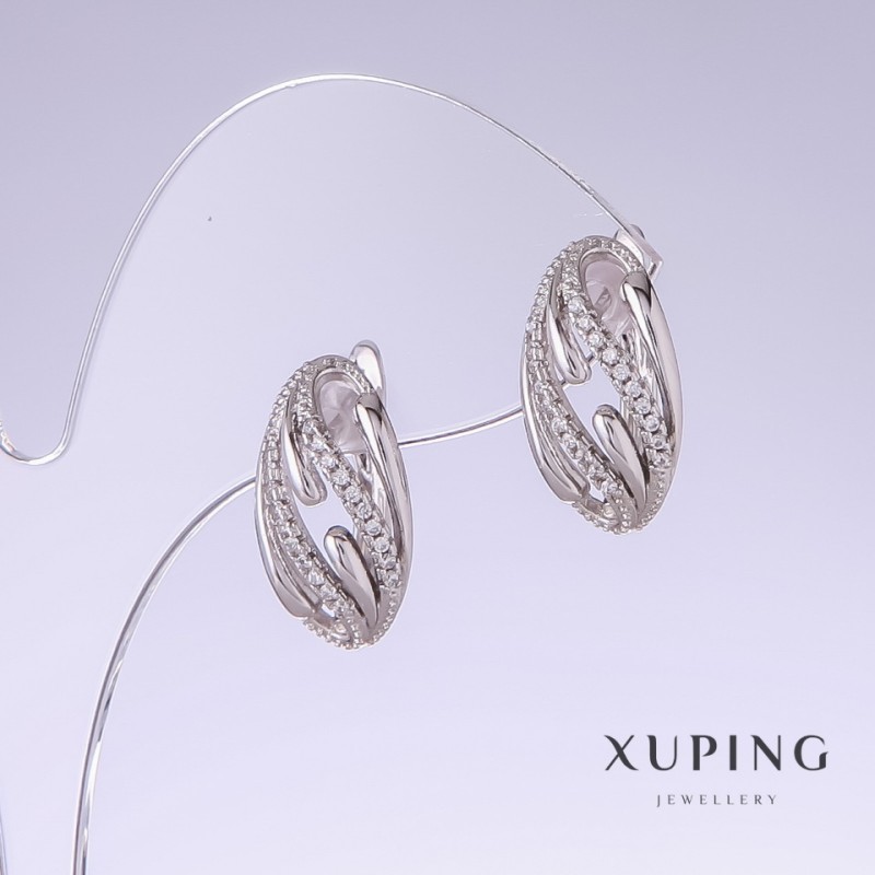 Xuping Earrings with White Crystals, length 18mm, thickness 9mm Rhodium plated