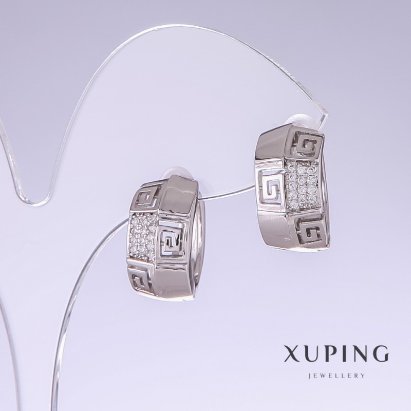 Xuping Earrings with White Cz, 17mm length, 9mm thickness, rhodium