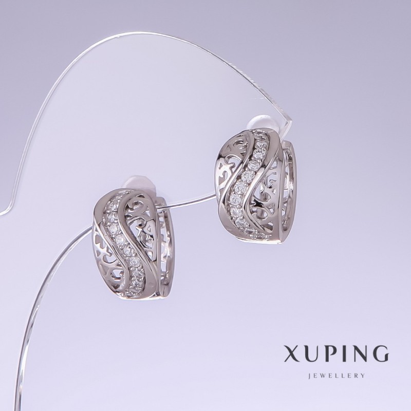 Xuping Earrings with White Cz, length 15mm, thickness 10mm, rhodium