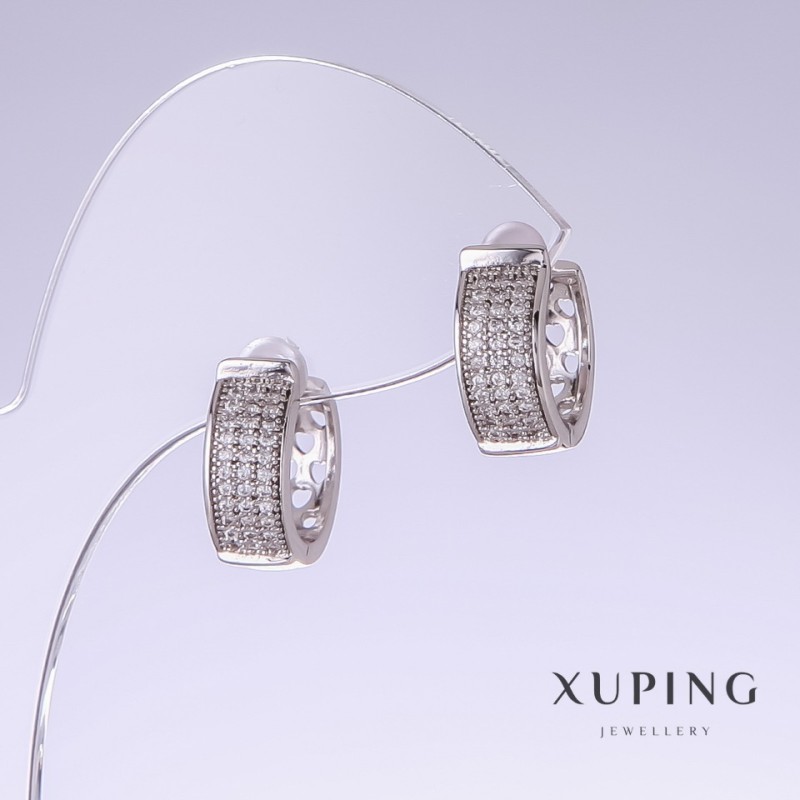 Earrings Xuping with white pavé, length 15mm, thickness 6mm rhodium plated
