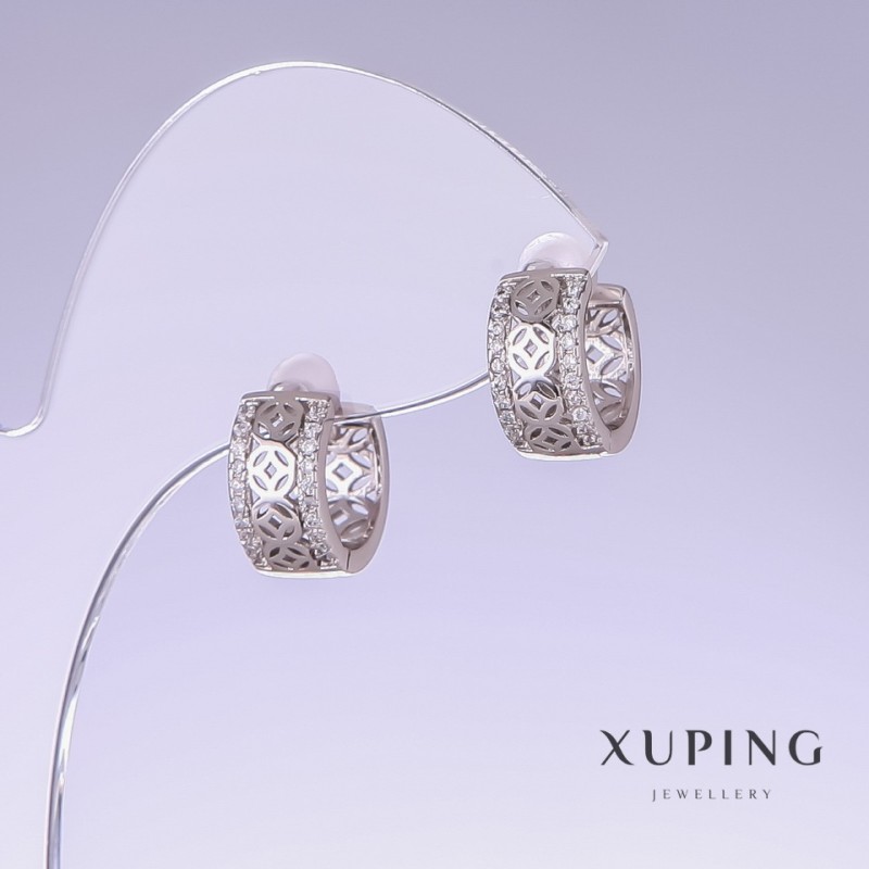Earrings Xuping, length 13mm, thickness 6mm, rhodium plated with white crystals
