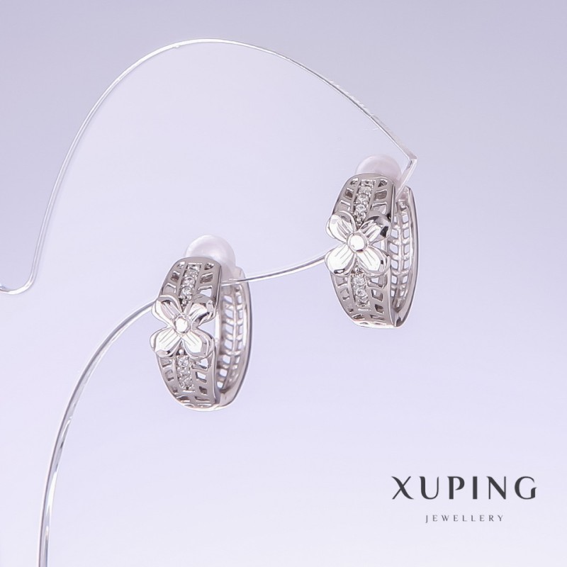 Xuping Earrings with White Crystals, length 14mm, thickness 7mm, Rhodium