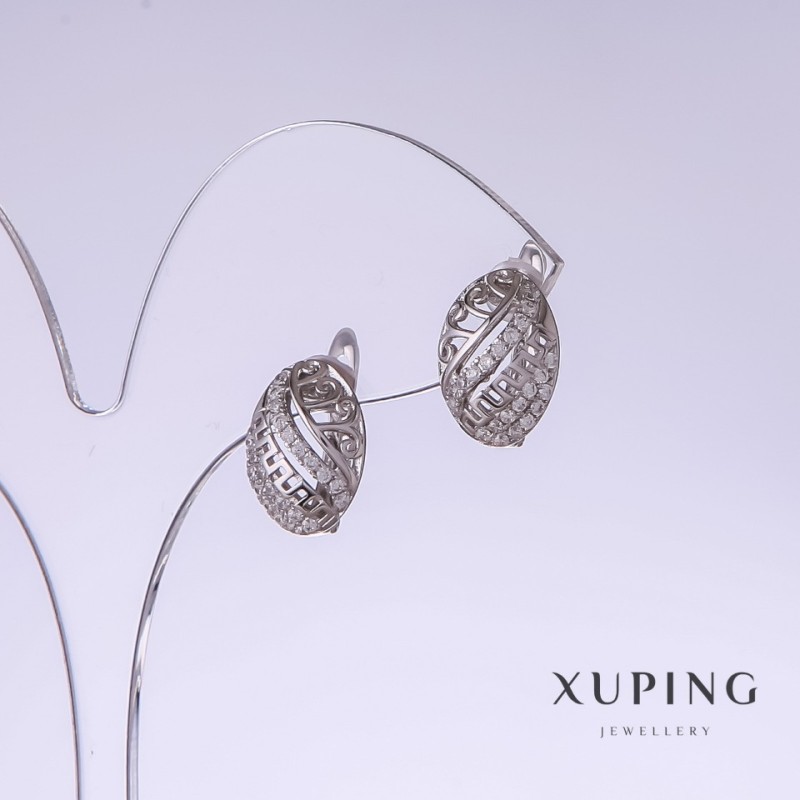 Xuping Earrings, length 17mm, thickness 9mm, rhodium plated with white crystals