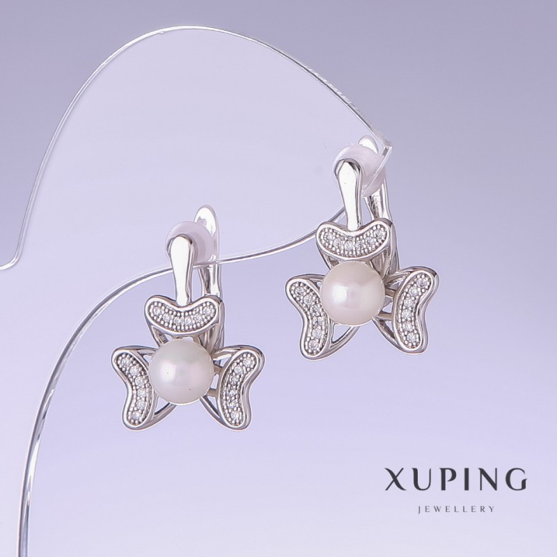 Xuping Earrings with Mallorca Pearls, 18mm length, 14mm thickness, rhodium plating