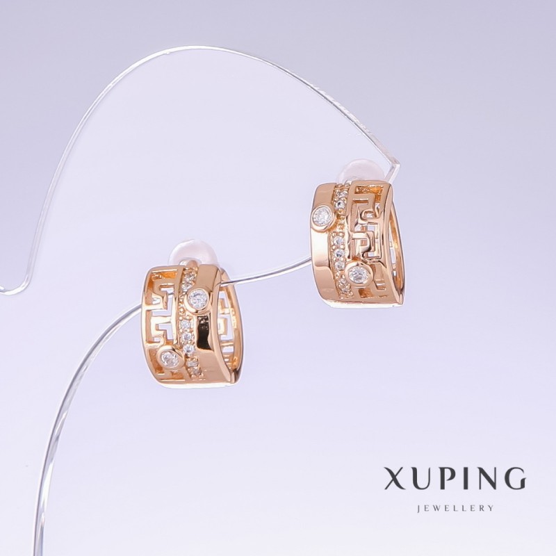 Earrings Xuping with White Rhinestones, length 13mm, thickness 8mm, 18k Gold Plating