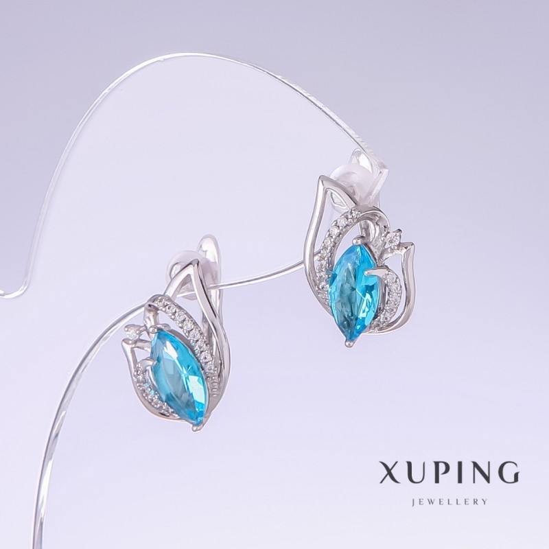 Xuping Earrings with Blue Zircon Turquoise, length 17mm, thickness 10mm rhodium
