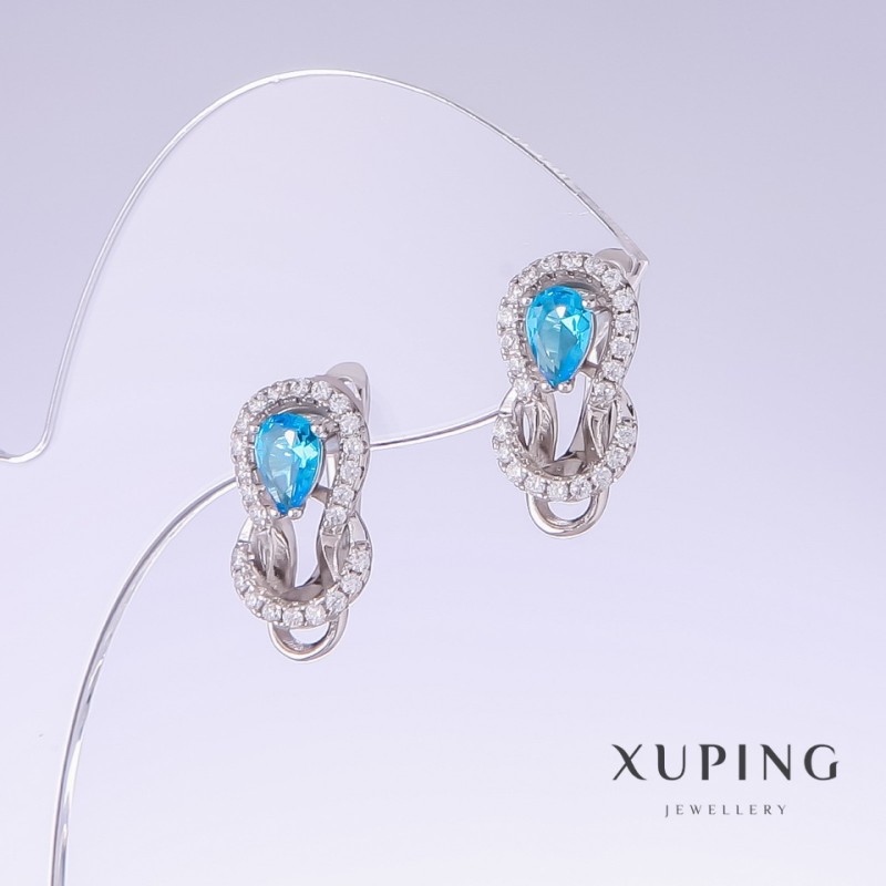 Xuping Earrings with Blue Zircon Turquoise, 17mm length, 10mm thickness, rhodium-plated