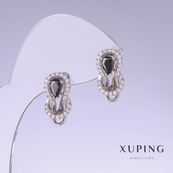 Xuping Earrings with Black Cz, length 17mm, thickness 9mm, rhodium plated