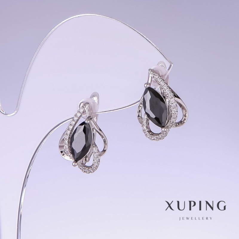 Earrings Xuping with black czs, length 16mm, thickness 11mm rhodium-plated