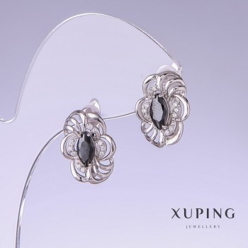 Earrings Xuping with black CZs, length 17mm, thickness 12mm Rhodium-plated