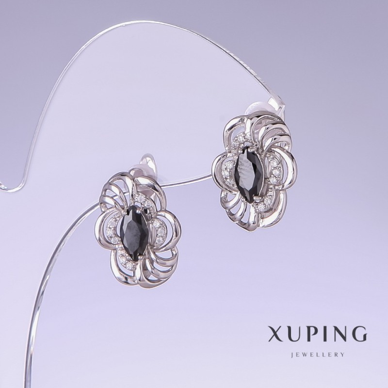 Earrings Xuping with black CZs, length 17mm, thickness 12mm Rhodium-plated