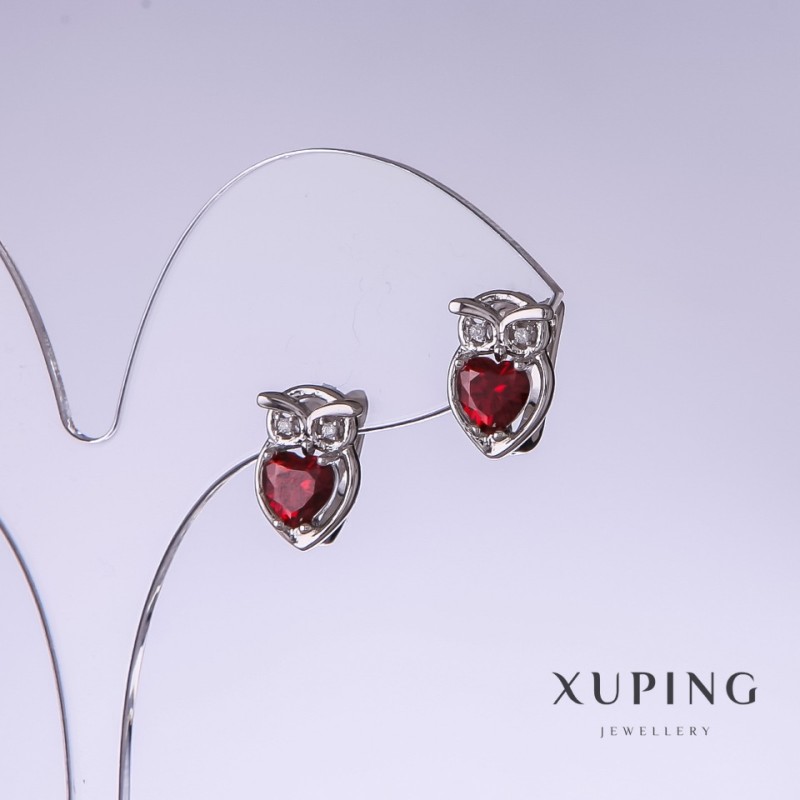 Xuping Owls Earrings with Red Cubic Zirconia, 13mm length, 9mm thickness, rhodium-plated