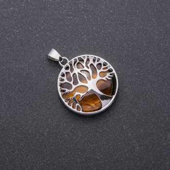Tiger's Eye Natural Stone Pendant in "Tree" Setting, Diameter 27mm