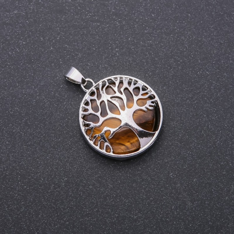 Tiger's Eye Natural Stone Pendant in "Tree" Setting, Diameter 27mm