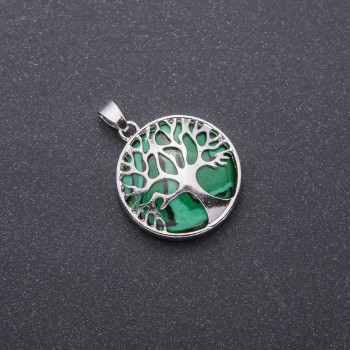 Malachite (Pressed) Natural Stone Pendant in "Tree" Setting, Diameter 27mm