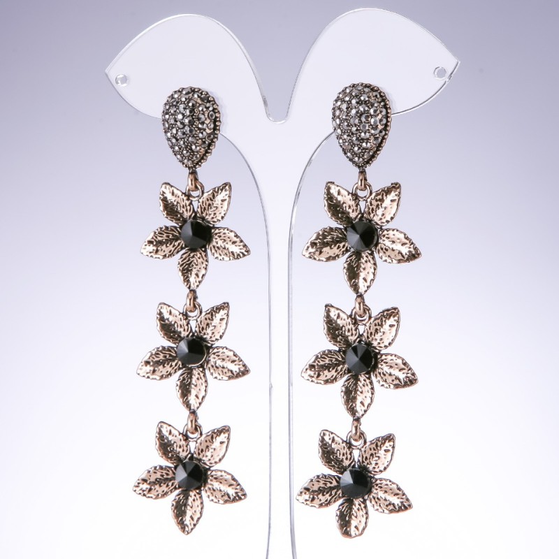 Evening Earrings Lily with Black Crystals in antique gold colour, width 25mm, length 95mm