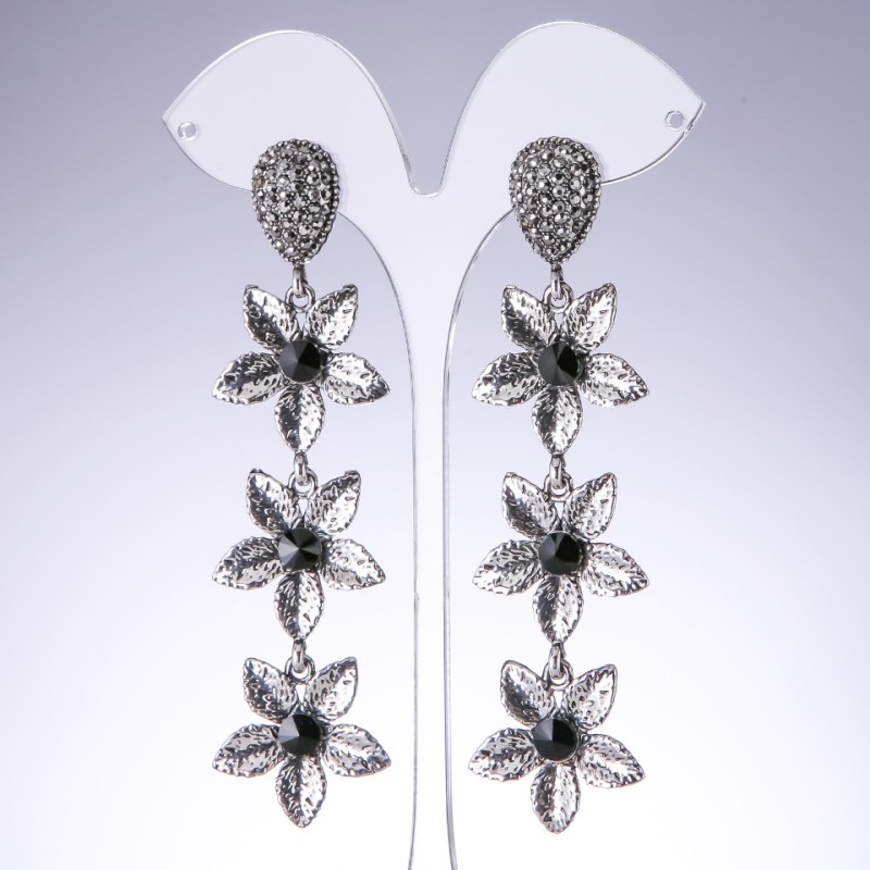 Evening Earrings Lily with Black Crystals, colour "antique silver", width 25mm, length 95mm