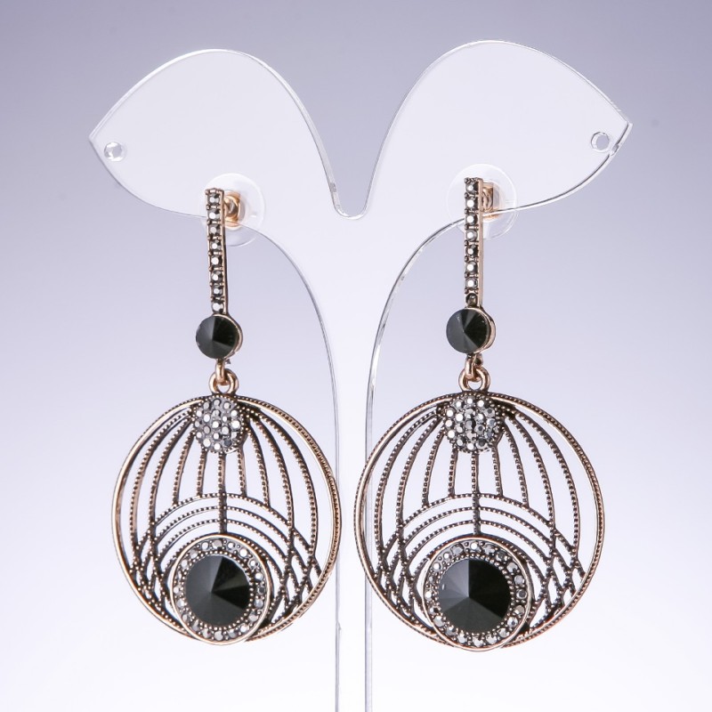 Evening earrings with black crystals in "antique gold" colour, width 35mm, length 65mm