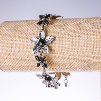 Evening Bracelet "Lilies" with black crystals in old silver colour, width 25mm, length 19-25cm