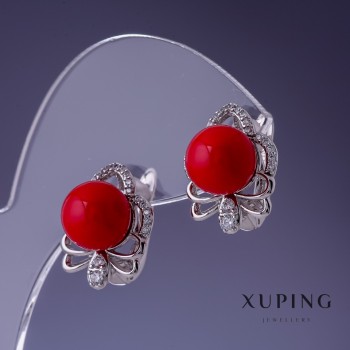 Earrings 'Xuping' with red Mallorca pearls 17×13mm rhodium