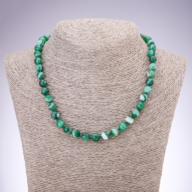 Necklace of natural Agate eyeball green smooth bead, 8mm diameter, 45cm length