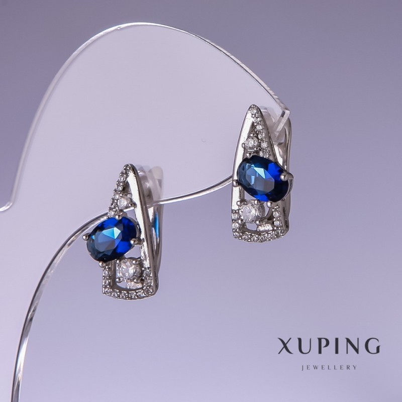 Xuping Earrings with Blue Cubic Zirconia 17x8mm Rhodium