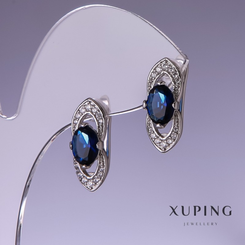 Xuping Earrings with blue czs 19x8mm Rhodium plated