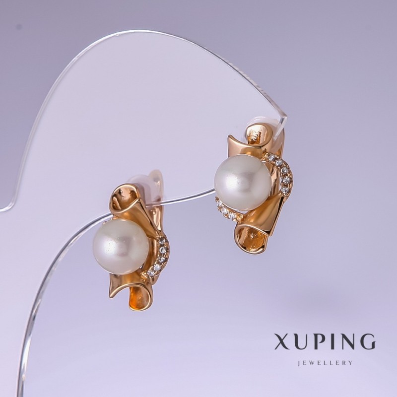 Earrings Xuping with White Majorka Pearls 17×10mm 18k Gold Plating