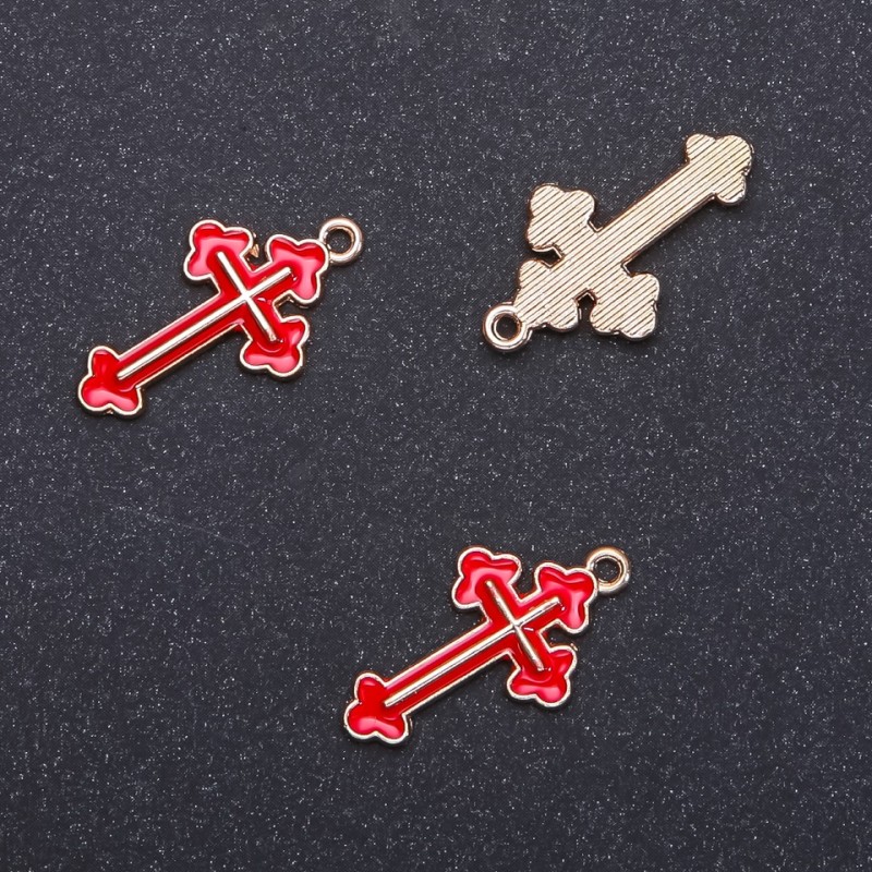 Pendant Finding Cross with Red Enamel "golden" diameter 14mm length 26mm in-, diameter 1.7mm packaging 10pcs. (+ -)
