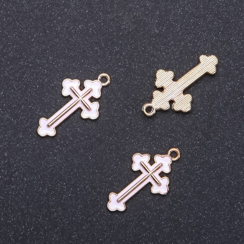 Pendant bail Cross with white enamel, gold finish, 14mm diameter, 26mm length, hole 1.7mm, packaging 10 pcs (+ -)