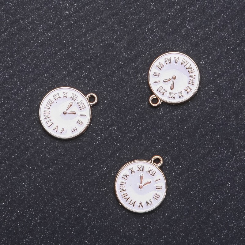 Hollow Findings Pendant 'Clocks' with white enamel and gold finish, diameter 15mm, length 17m in-, diameter 1.75mm packaging 8 pcs. (+ -)