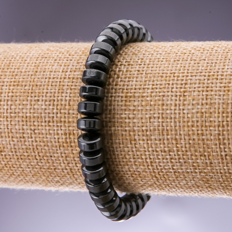 Bracelet natural Hematite bead smooth rondelle "washer", diameter 8x5 cm, length 18 mm