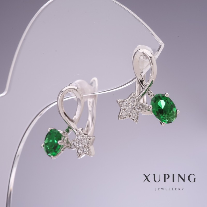 Earrings Xuping with Green Zircon Stars 17x14mm Rhodium