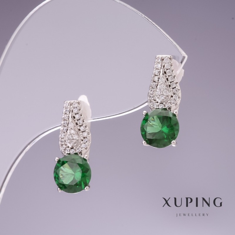 Earrings Xuping with Green Zircon 17x7mm Rhodium-plated