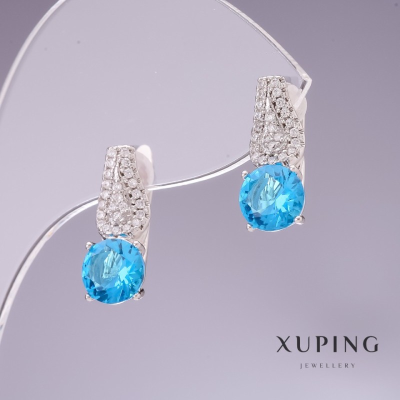 Xuping Earrings with Blue Zircon Turquoise 17x8mm Rhodium